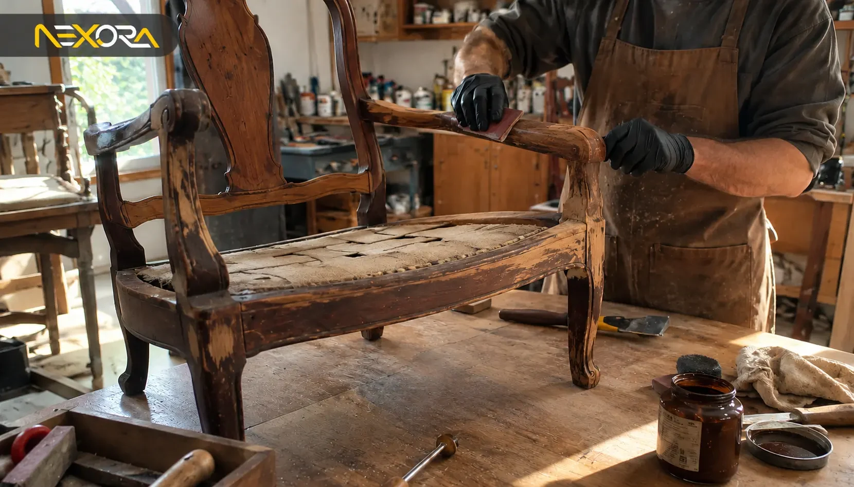 Craftsman restoring a wooden chair in a workshop