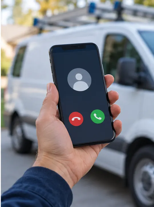 A phone showing an incoming call near a service van