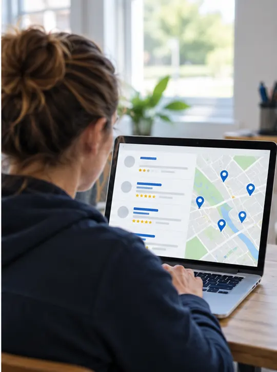 Business owner viewing local listings and a map