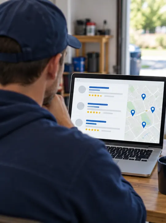 Business owner reviewing local search results on a laptop