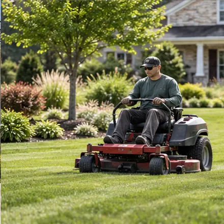 Landscaper mowing a residential lawn