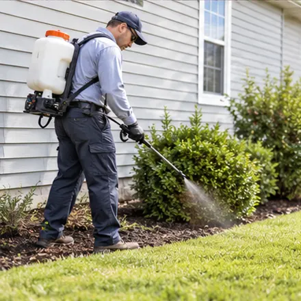 Pest control technician treating a home exterior