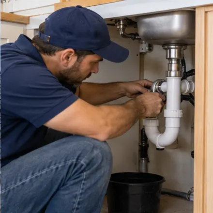 Plumber working on pipes beneath a sink