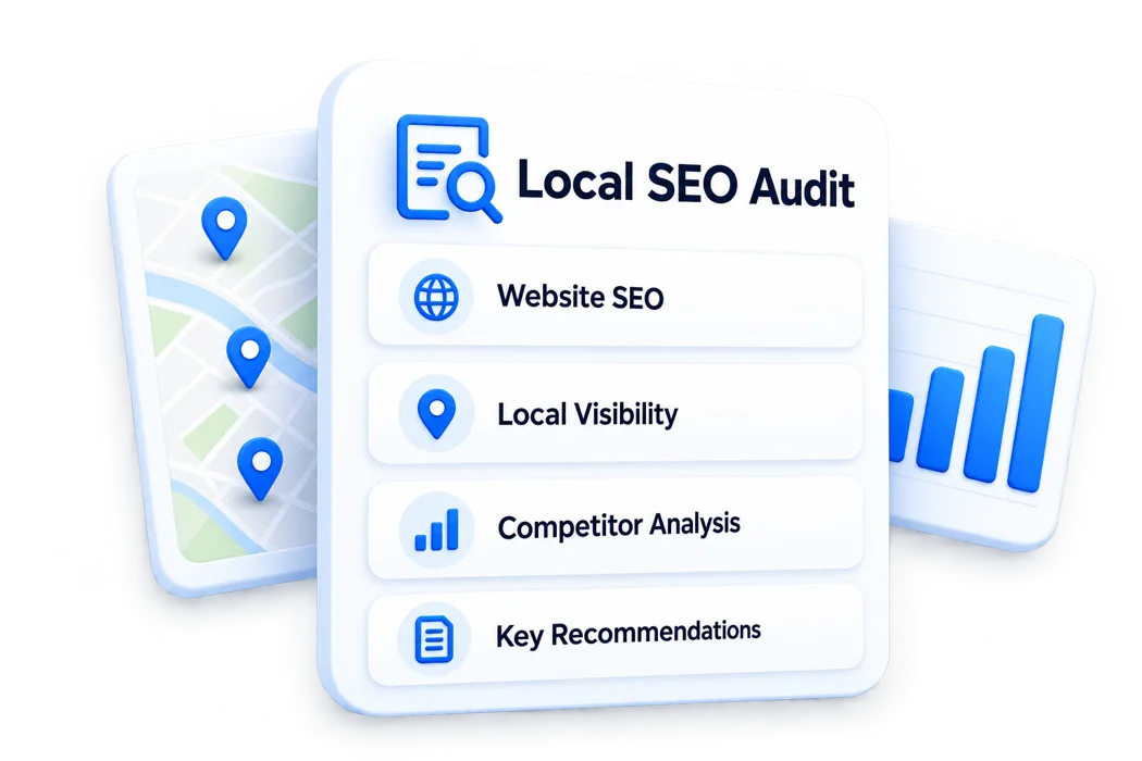 Illustration of a local SEO audit, with website, local visibility, competitor analysis and recommendations