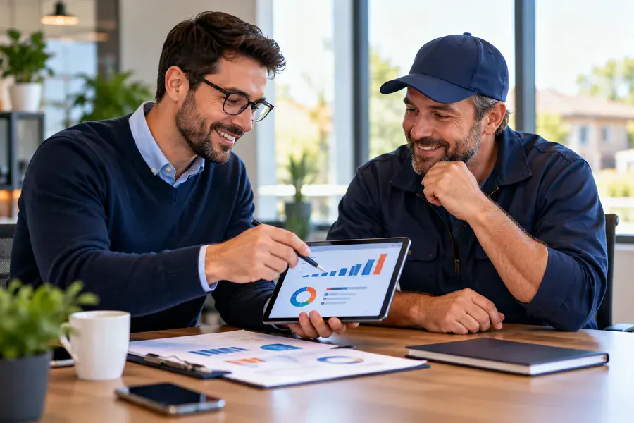 Two local business owners reviewing a search report on a tablet