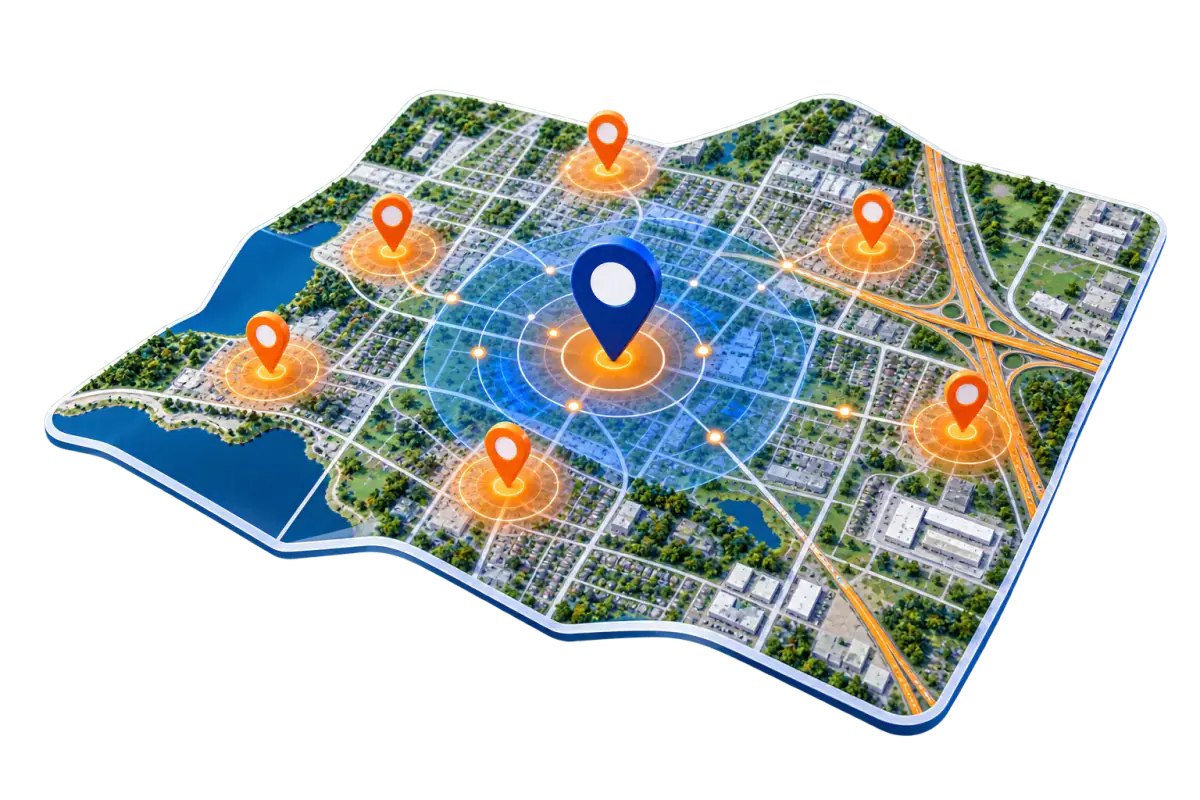 City map with local search pins around a business location