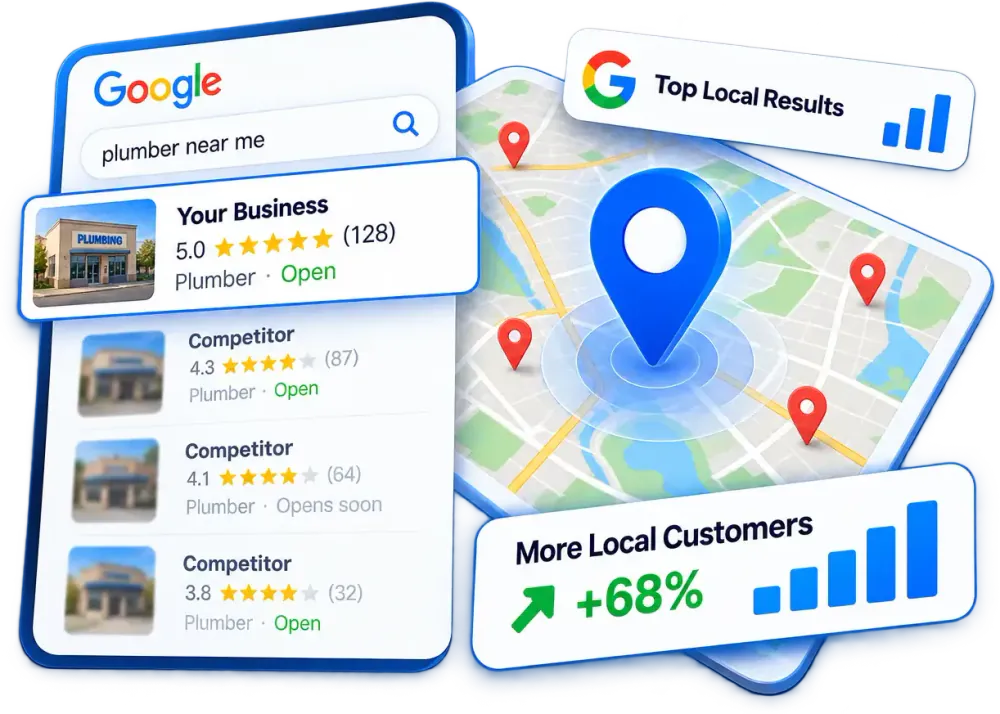 A business ranked first in local Google results above competitors, beside a map