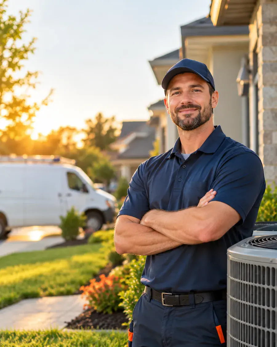 Home service owner standing in front of a work van outside a customer home