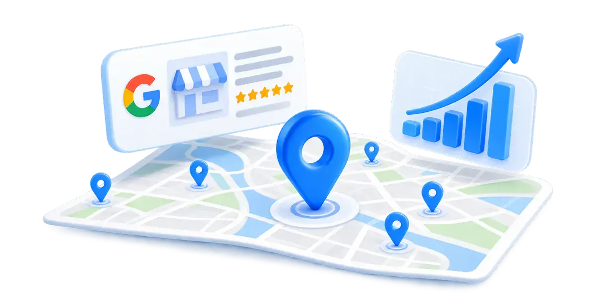 Google business listing, map pins and a rising performance chart