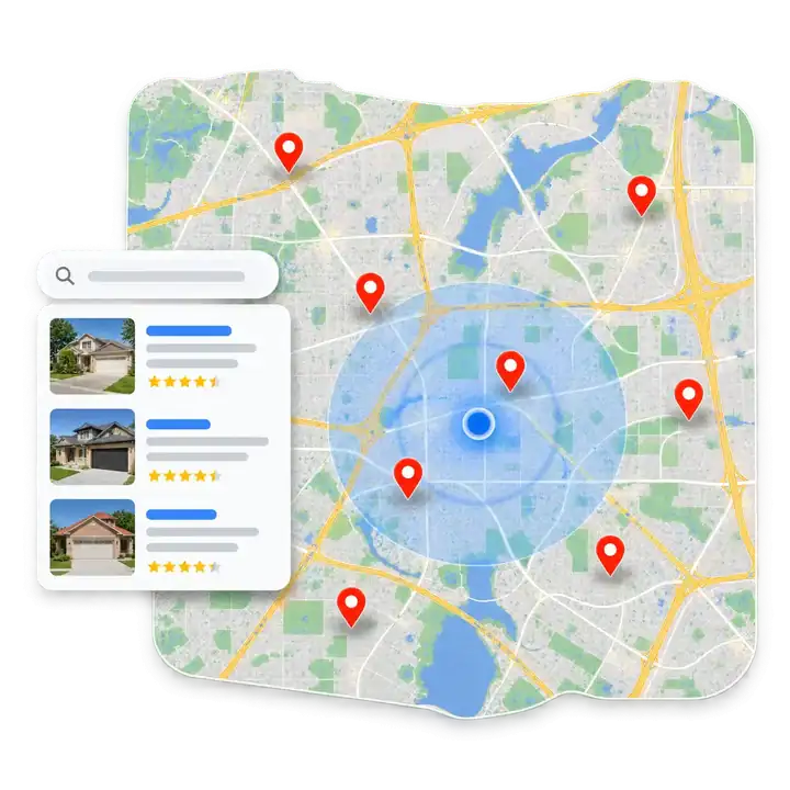 Local search listings and location pins on a map