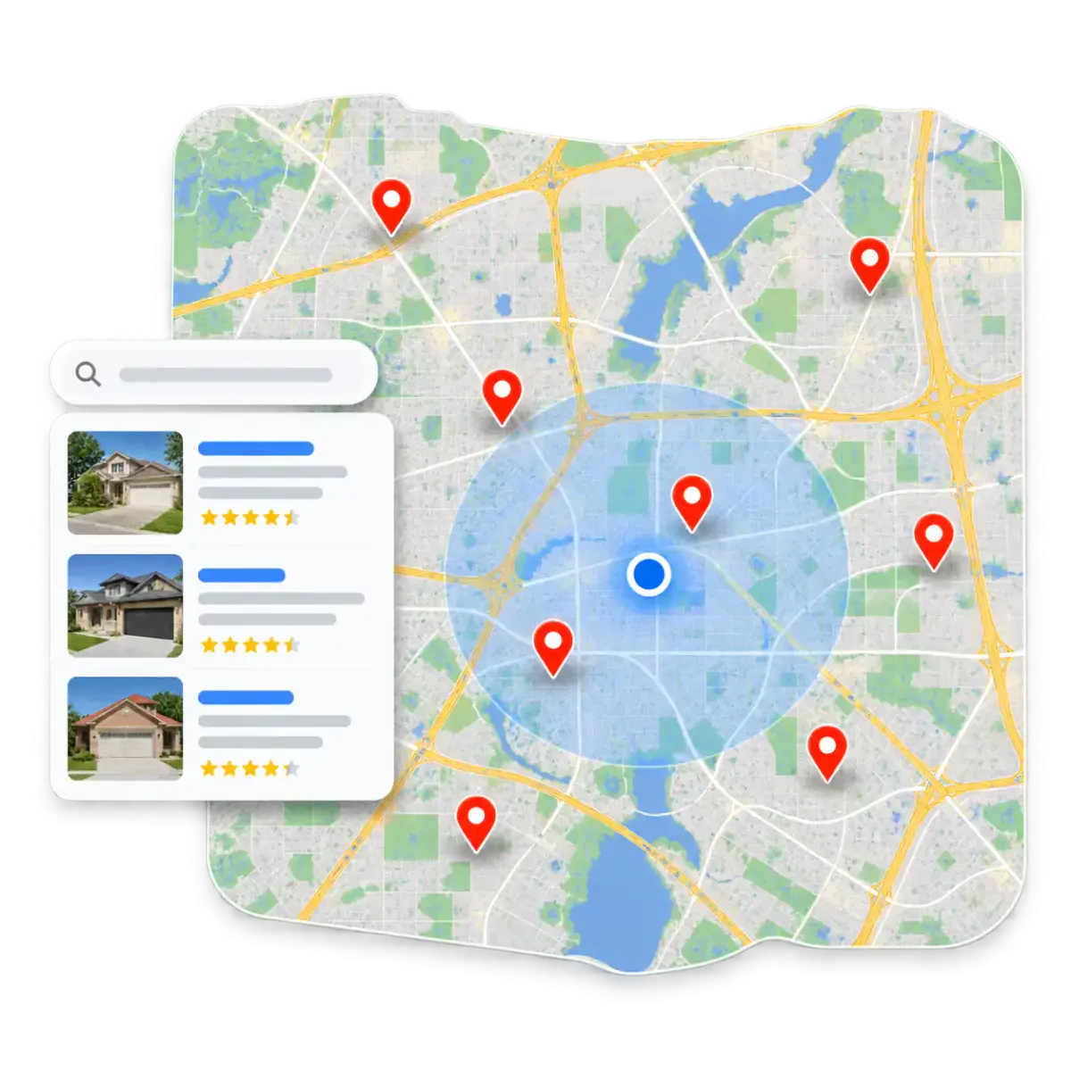 Local search listings and location pins on a map