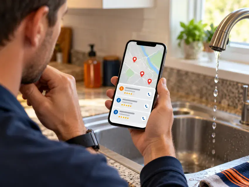 A homeowner searching for a plumber on a phone
