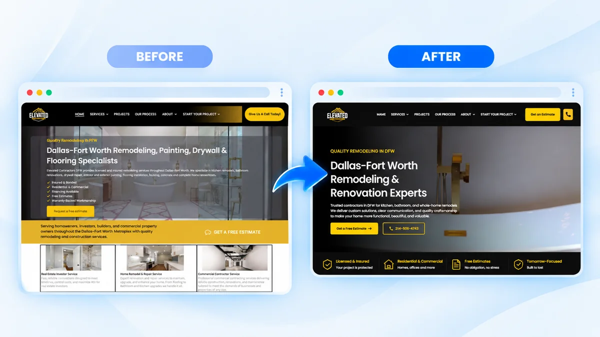 Elevated Contractors website before and after redesign